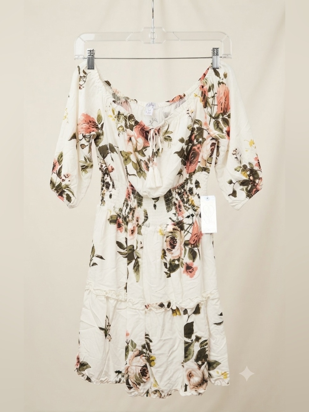 Justify Cream Off-Shoulder Midi Dress with Pink Rose Print